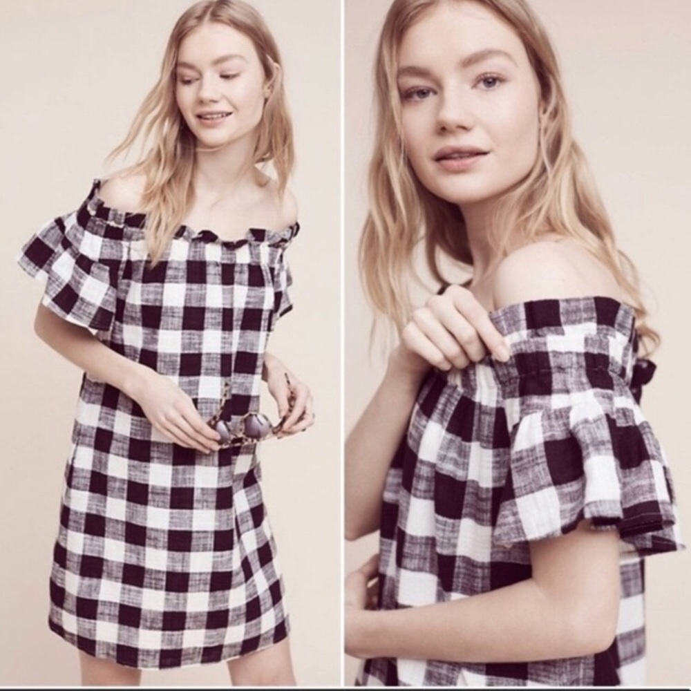 Anthro Corey Calter Gingham Off Shoulder Dress